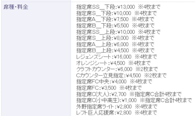2024年クライマックスシリーズのセゾンカード会員限定チケット座席料金
